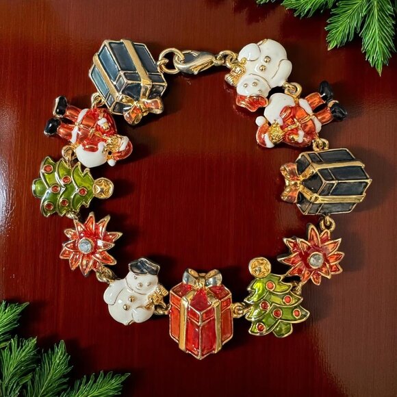 Christopher Radko Charm Bracelet Signed Shiny Brite Santa Christmas Gift Holiday - Picture 1 of 9